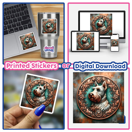 Scottish Terrier Medallion - Vibrant digital artwork showcasing a regal Scottish Terrier portrait in an ornate frame, available as printed stickers or digital downloads.