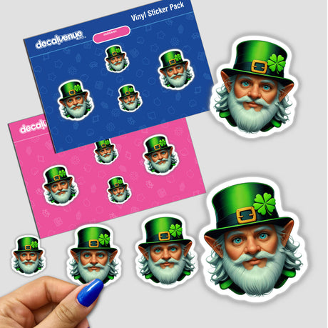 St. Patrick's Day Leprechaun sticker pack featuring a cartoon leprechaun with a white beard, green hat, and glasses. Available as vinyl stickers or digital artwork from Decal Venue.