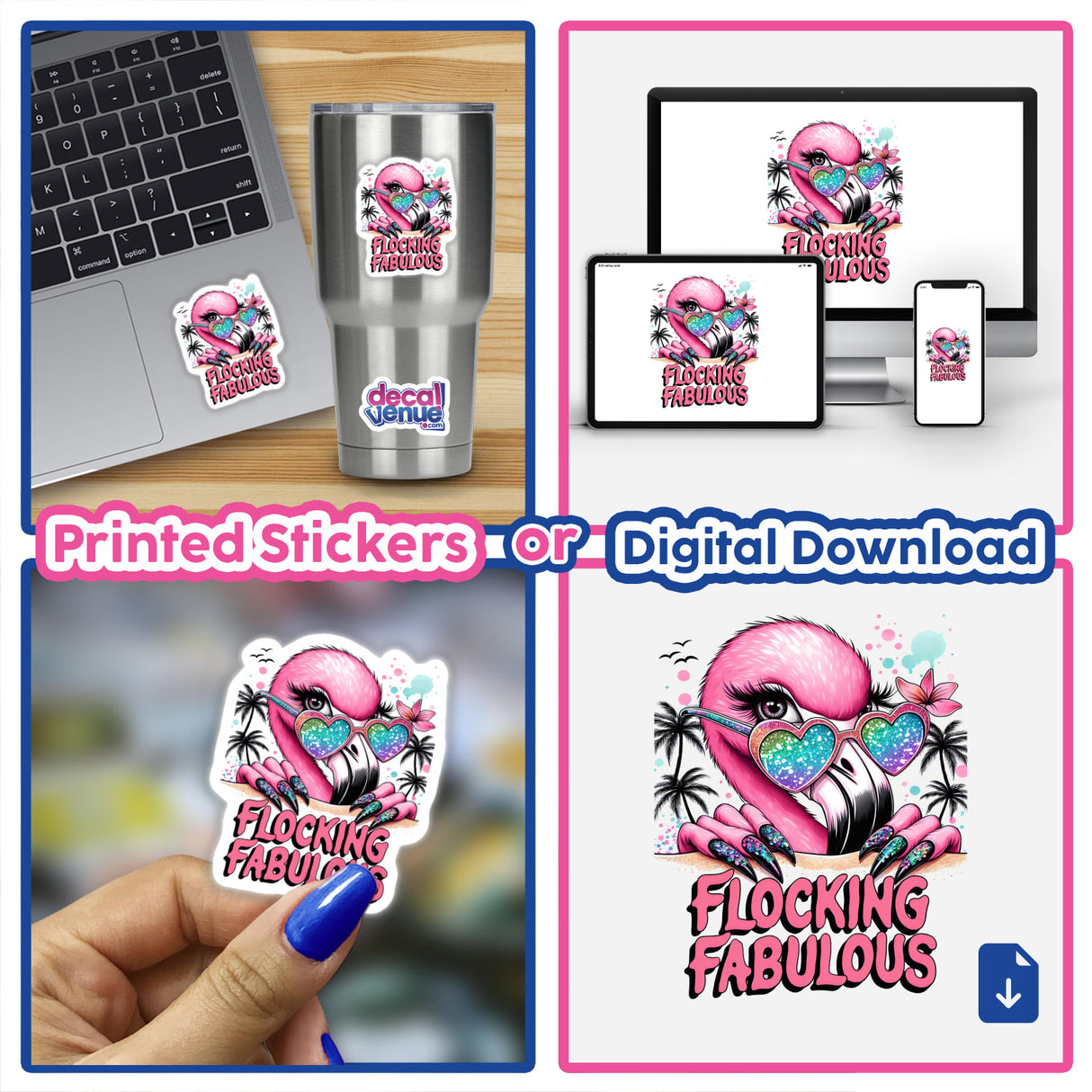 Colorful digital artwork featuring a flamingo with the text "Flocking Fabulous" displayed on various devices and products such as a laptop, mobile phone, and vinyl sticker.