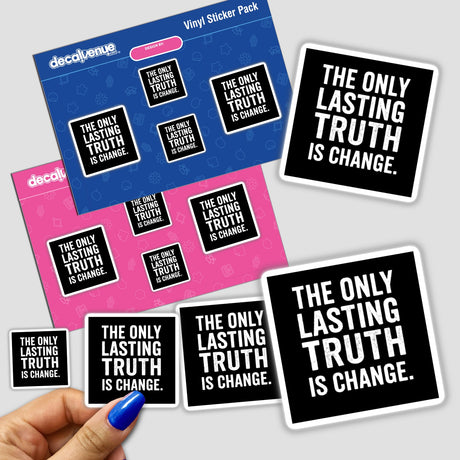 The Only Lasting Truth Quote Sticker or Clipart by Octavia Butler, showcased in hand with blue-polished nails, features white text on a black background. Ideal for stickers or digital art.