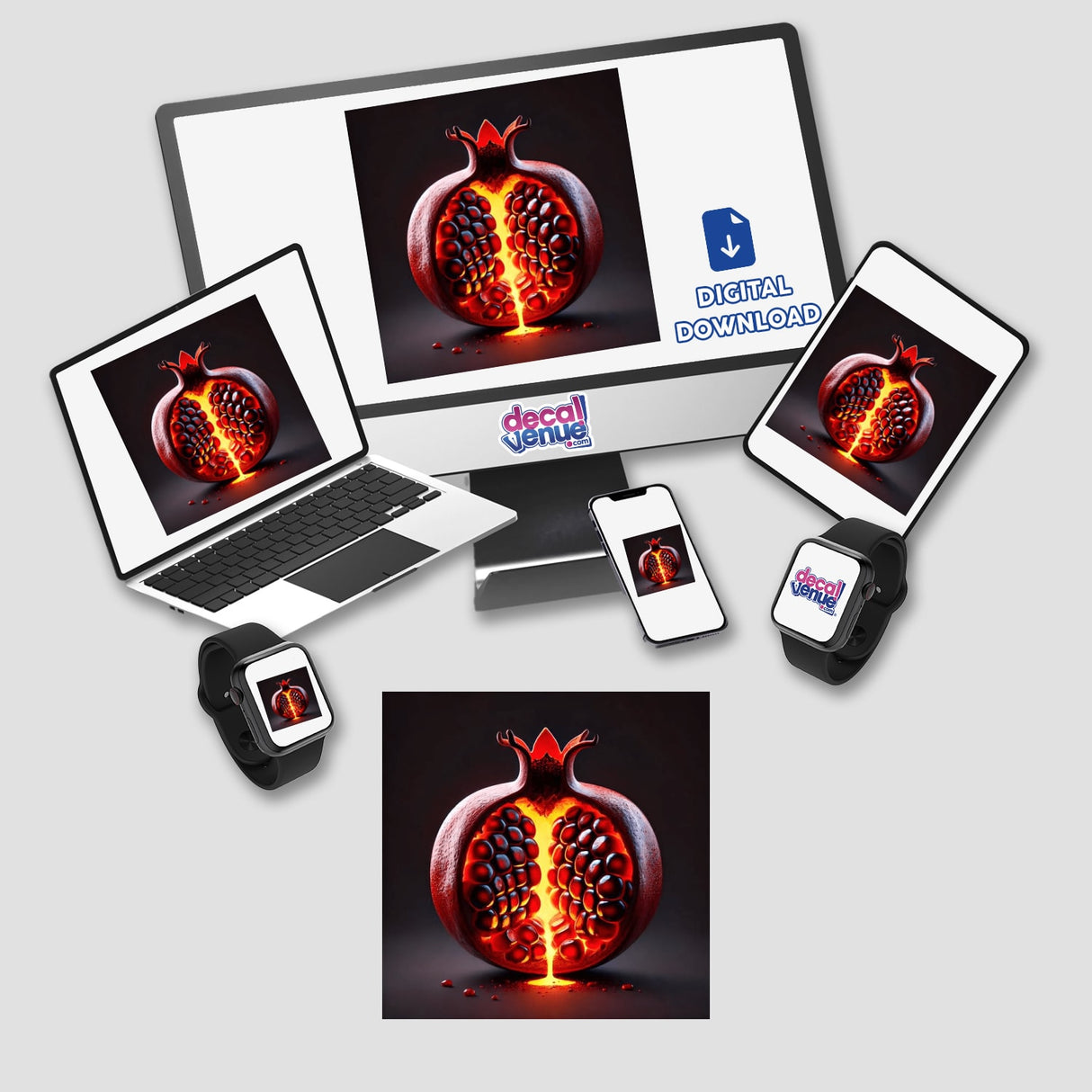Volcanic Fruit Lava Flow Inside a Pomegranate design displayed on various gadgets, including a laptop, tablet, and phone, available as stickers or digital artwork from Decal Venue.
