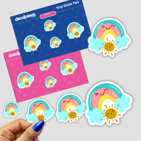 Smiley rainbow and sun stickers, featuring playful cartoon designs with rainbows and clouds, available as part of a sticker pack or digital artwork from Decal Venue.