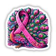 Peacock Pink Ribbon Breast Cancer Awareness design featuring a pink ribbon intertwined with vibrant peacock feathers, available as stickers or digital artwork from Decal Venue.