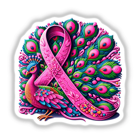Peacock Pink Ribbon Breast Cancer Awareness design featuring a pink ribbon intertwined with vibrant peacock feathers, available as stickers or digital artwork from Decal Venue.