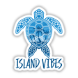 Island Vibes Tropical Sunset Sea Turtle Design sticker features a stylized blue turtle with palm trees, emphasizing unique digital art, perfect for adding a tropical flair to any surface.
