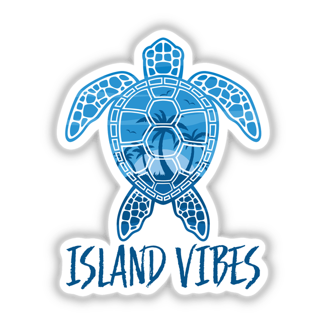 Island Vibes Tropical Sunset Sea Turtle Design sticker features a stylized blue turtle with palm trees, emphasizing unique digital art, perfect for adding a tropical flair to any surface.