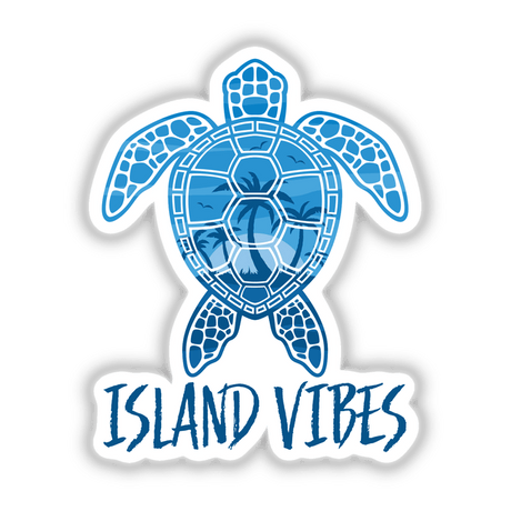 Island Vibes Tropical Sunset Sea Turtle Design sticker features a stylized blue turtle with palm trees, emphasizing unique digital art, perfect for adding a tropical flair to any surface.