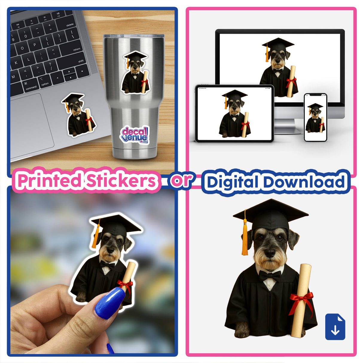 Graduation Schnauzer – Proud Dog in Cap and Gown Holding Diploma, featured in a collage capturing different poses. Available as stickers or digital artwork from Decal Venue, showcasing unique vinyl designs.