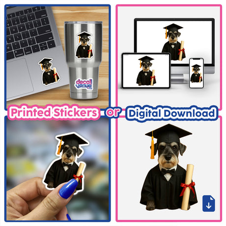 Graduation Schnauzer – Proud Dog in Cap and Gown Holding Diploma, featured in a collage capturing different poses. Available as stickers or digital artwork from Decal Venue, showcasing unique vinyl designs.