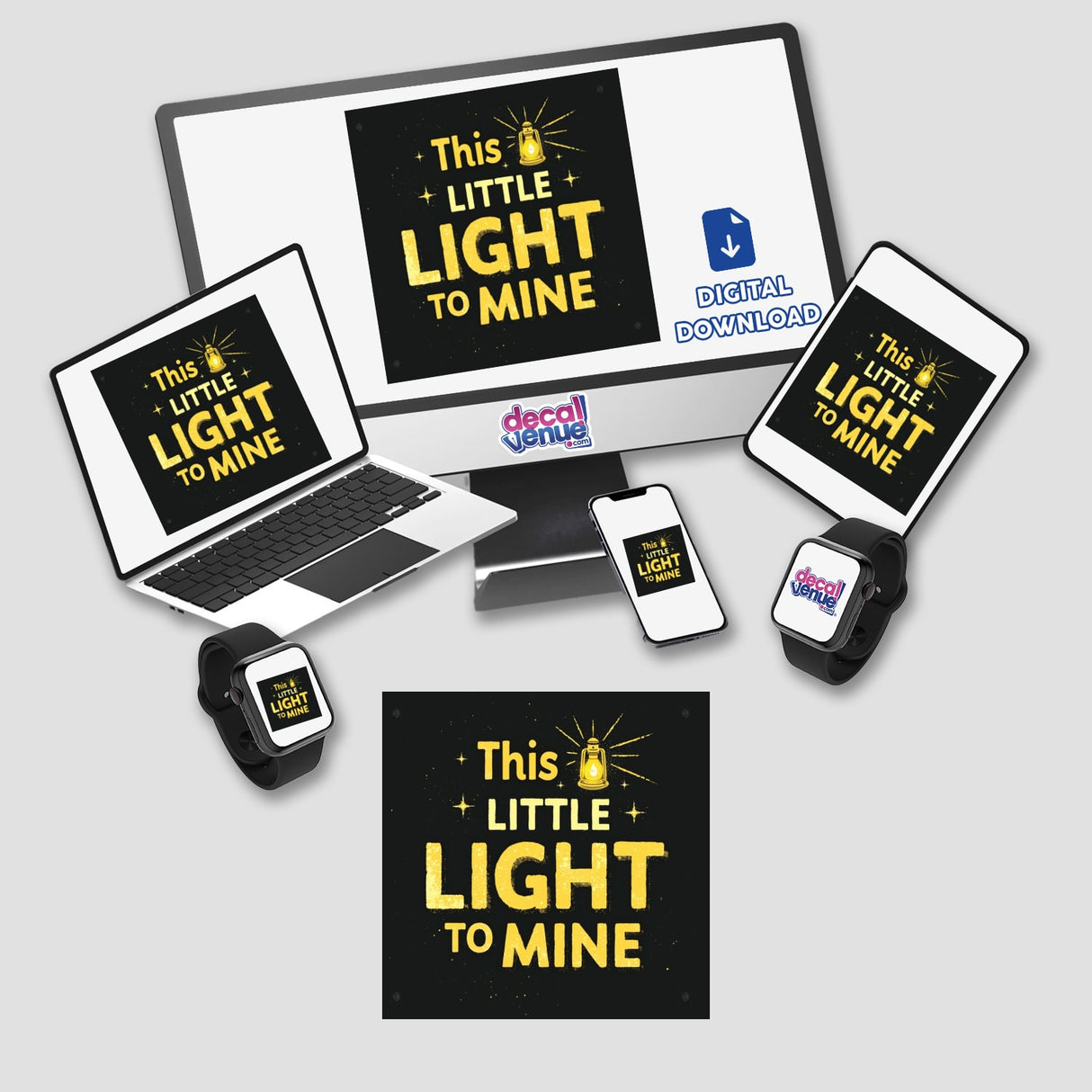 This Little Light of Mine Typography Design Sticker or Clipart displayed on a laptop, tablet, and phone screen, highlighting its versatility for digital artwork or sticker use.