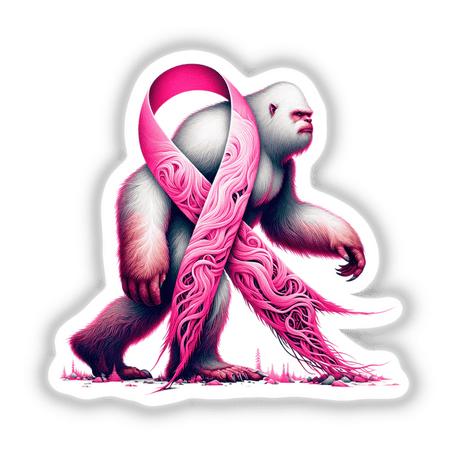 White Sasquatch with a pink ribbon emphasizing Breast Cancer Awareness, depicted in a sketch-style illustration. Available as stickers or digital artwork, reflecting Decal Venue's unique vinyl and digital art offerings.