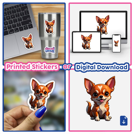 A collage featuring A Cute Chihuahua sticker on a laptop, showcasing the charming cartoon dog's big ears, available as unique vinyl stickers or digital artwork from Decal Venue.