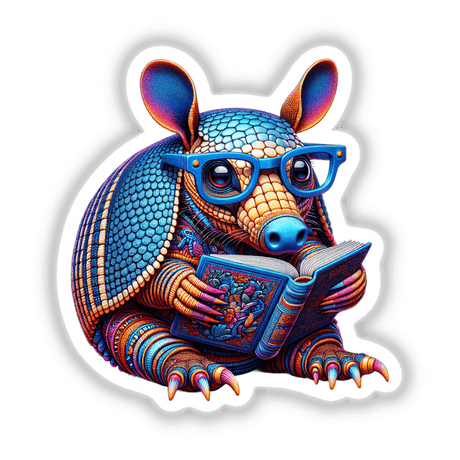 Armadillo with reading glasses and an open book, depicted in cartoon style. Available as stickers or digital artwork from Decal Venue's unique collection.