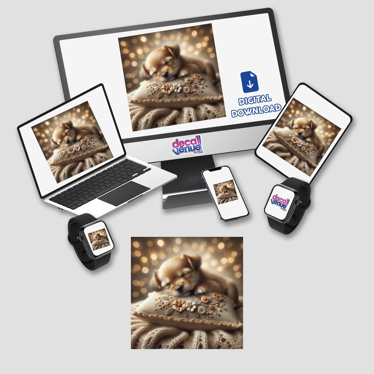 Puppy Sleeping on Floral Pillow sticker or digital artwork, featuring a small brown puppy peacefully napping on a vibrant pillow, viewable on multiple devices including laptop and tablet.