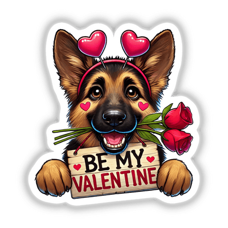 German Shepherd Be My Valentine: cartoon dog holding a sign with roses and hearts. Available as stickers or digital artwork, perfect for expressing love with a playful touch.