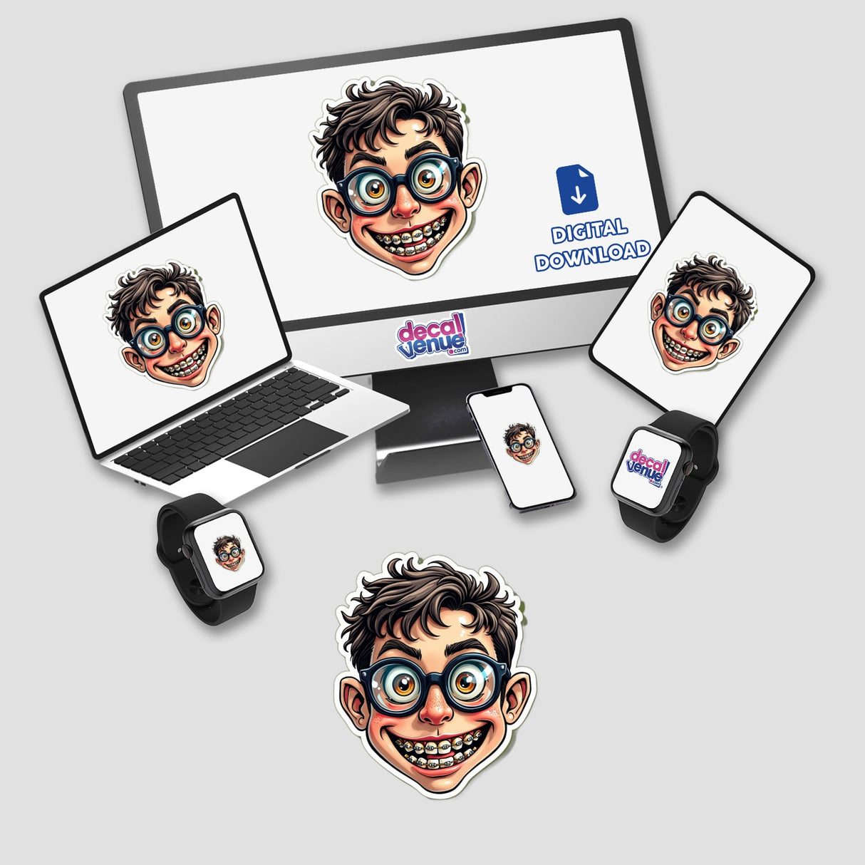 Nerd Zoião: A computer monitor and laptop displaying cartoon faces, including a boy with glasses and a character with braces, available as stickers or digital artwork.