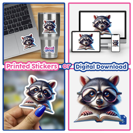 Raccoon With Reading Glasses Open Book: Sticker of a raccoon wearing glasses, engrossed in a book, highlighting a playful and intellectual vibe. Available as unique vinyl stickers or digital artwork.
