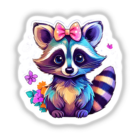 Baby raccoon cartoon with a bow, available as stickers or digital artwork.