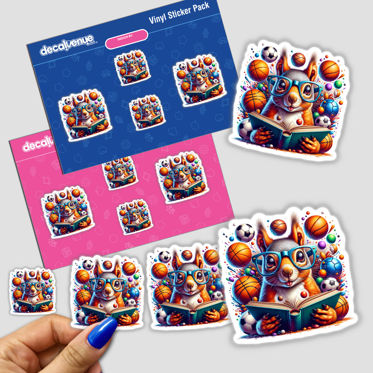Squirrel Reading a Book with Glasses and Sports Balls sticker featuring a cartoon squirrel engrossed in a book, adorned with glasses, surrounded by various sports balls. Ideal for playful decor.