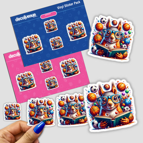 Squirrel Reading a Book with Glasses and Sports Balls sticker featuring a cartoon squirrel engrossed in a book, adorned with glasses, surrounded by various sports balls. Ideal for playful decor.