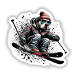Pitbull Dog Skier illustration featuring a dog in sunglasses and a hat skiing. Available as stickers or digital artwork from Decal Venue, known for unique graphic designs.