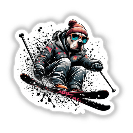 Pitbull Dog Skier illustration featuring a dog in sunglasses and a hat skiing. Available as stickers or digital artwork from Decal Venue, known for unique graphic designs.