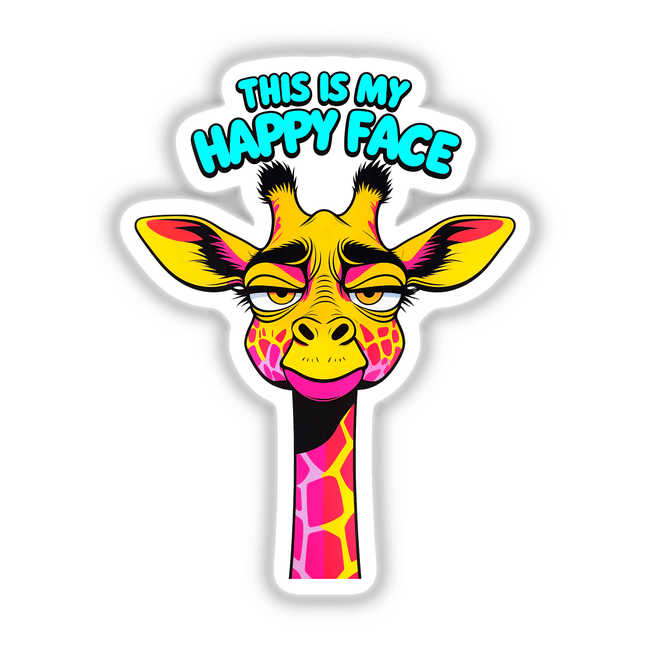 This Is My Happy Face Cute Grumpy Giraffe: A whimsical cartoon giraffe illustration available as stickers or digital artwork, perfect for adding character to personal items.