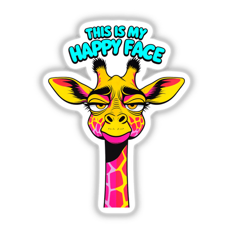 This Is My Happy Face Cute Grumpy Giraffe: A whimsical cartoon giraffe illustration available as stickers or digital artwork, perfect for adding character to personal items.