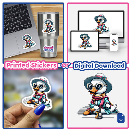 Fashionable Duck Sitting Pretty: Collage featuring a cartoon duck in various poses, often wearing a hat and sunglasses, available as stickers or digital artwork from Decal Venue.