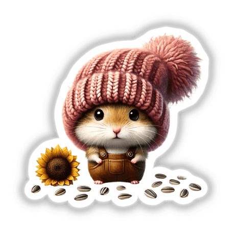 Hamster Gnome wearing knitted hat with sunflower seeds, available as Stickers and digital art.