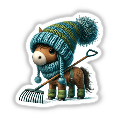 Horse Gnome with Rake: A whimsical cartoon of a horse wearing a hat and scarf, holding a rake. Available as stickers or digital artwork.