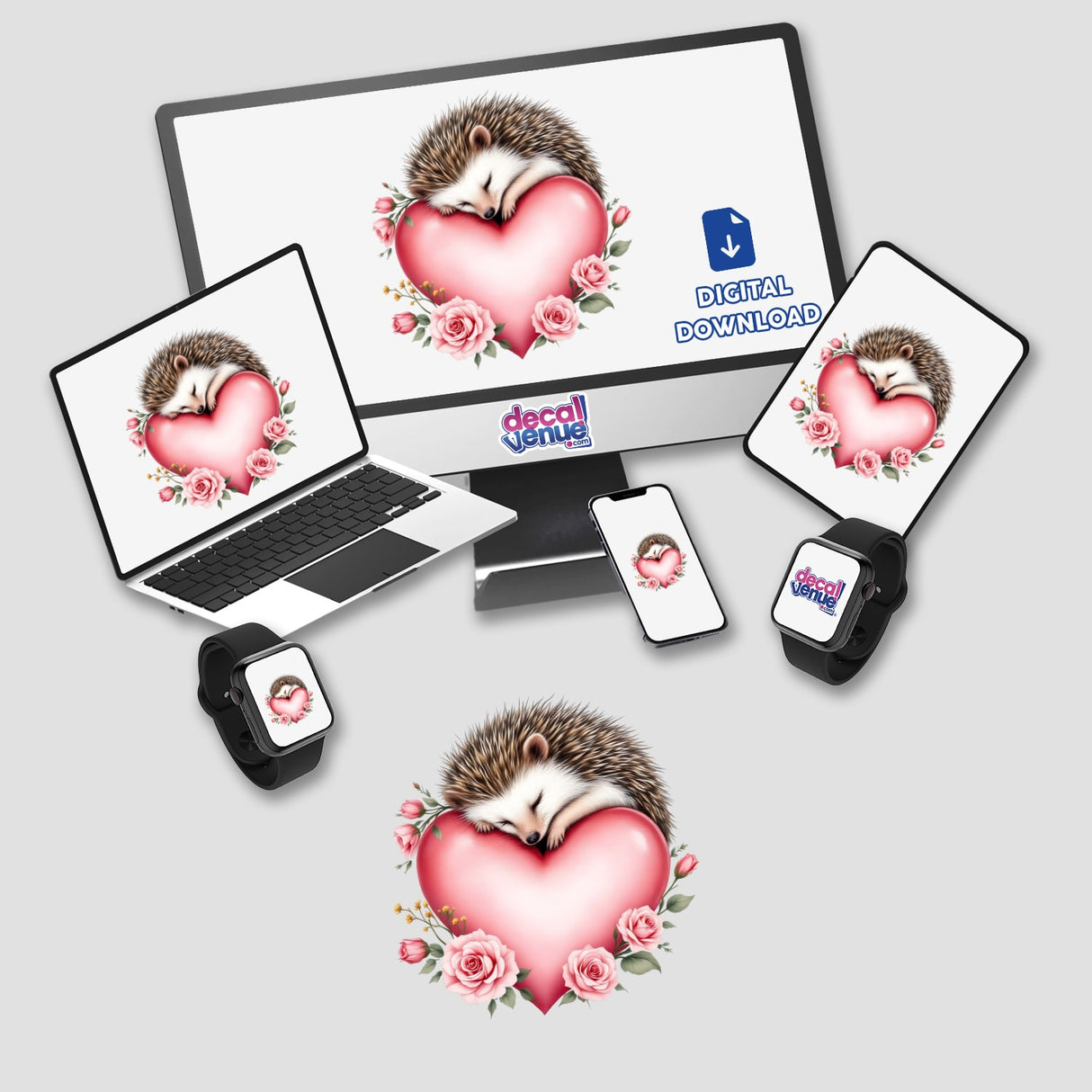 Sleeping Hedgehog with Roses and Hearts: A serene hedgehog nestled among hearts, featured on a computer monitor and laptop, perfect as versatile stickers or digital art from Decal Venue.
