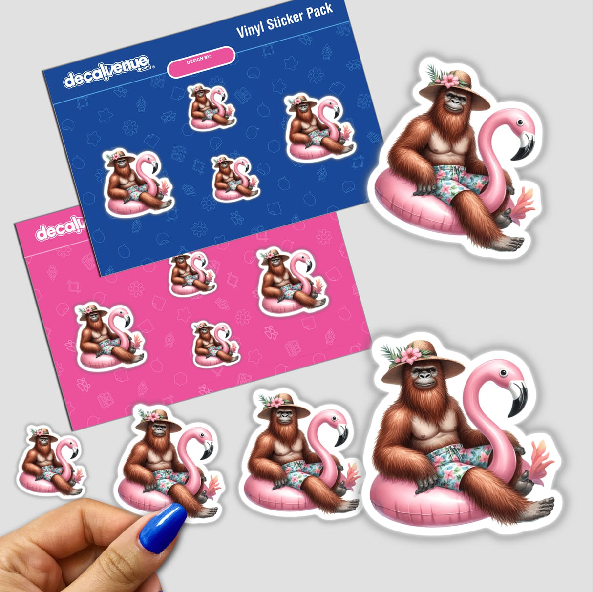 Sticker featuring a cartoon Tropical Sasquatch sitting on a pink flamingo float, available as part of Decal Venue's unique vinyl stickers and digital artwork collection.