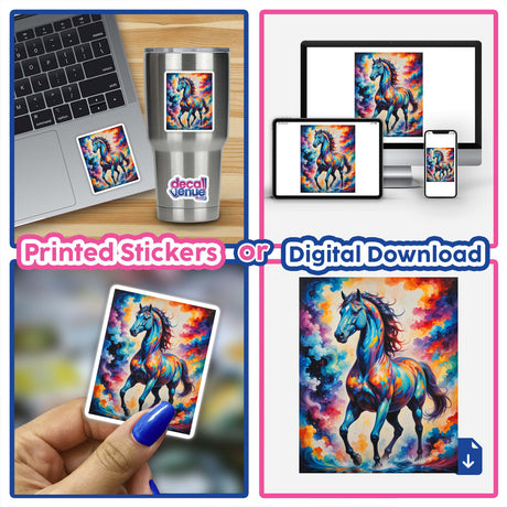 Collage showcasing A Beautiful Magical Horse as stickers or digital artwork, featuring various depictions on items like a laptop, cup, and phone, emphasizing creativity and versatility.