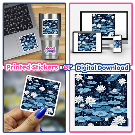 Collage featuring Chinoiserie Lotus Blossom Pond design on laptops and mugs, highlighting its availability as unique stickers or digital artwork from Decal Venue.