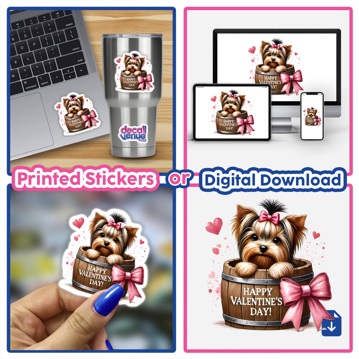 Yorkie Dog in Valentine's Day Barrel artwork shows a Yorkshire Terrier peeking from a decorated barrel, ideal for unique vinyl stickers or digital art from Decal Venue.