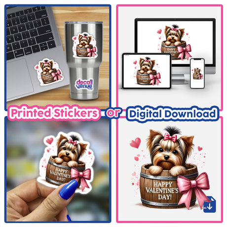 Yorkie Dog in Valentine's Day Barrel artwork shows a Yorkshire Terrier peeking from a decorated barrel, ideal for unique vinyl stickers or digital art from Decal Venue.