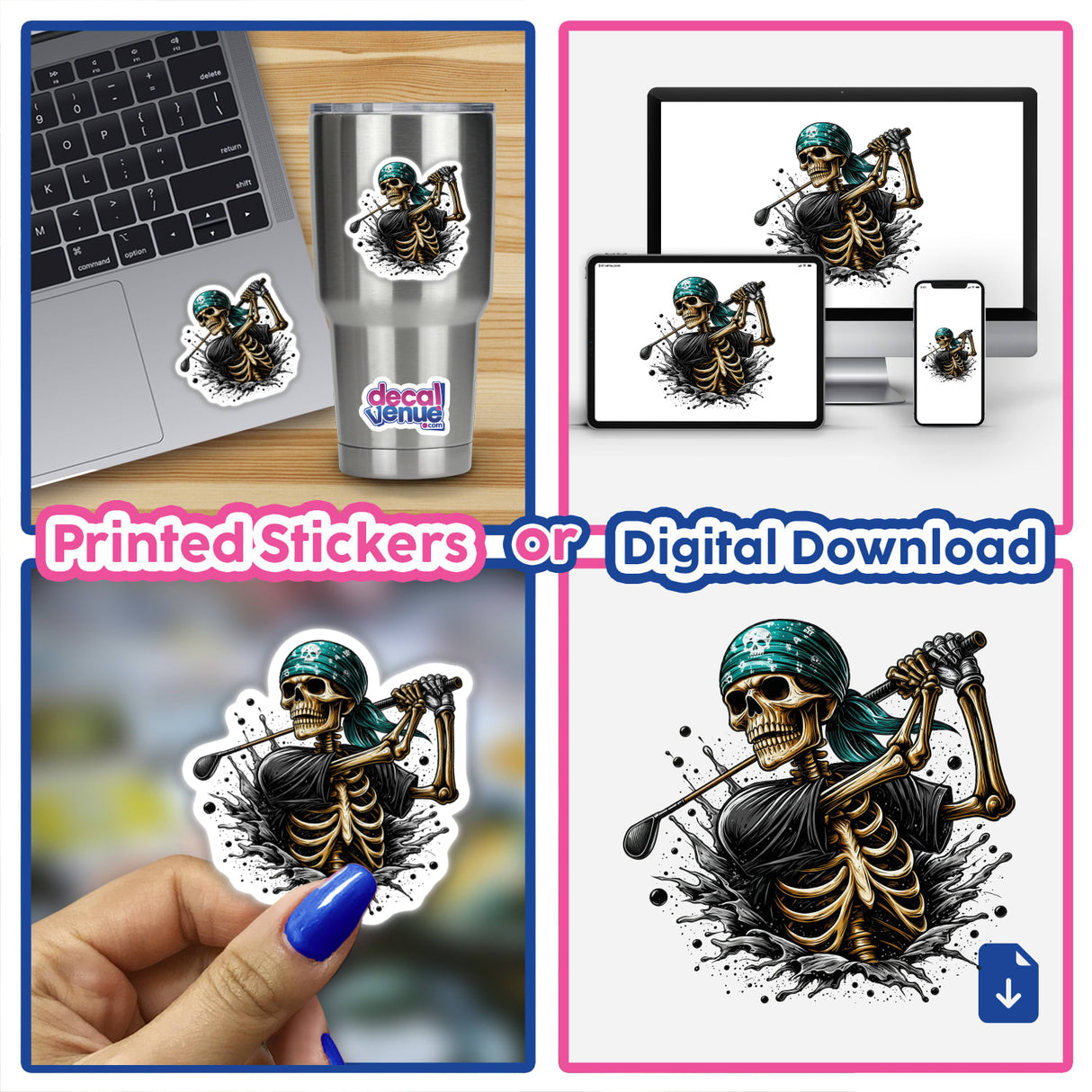 Bandana Skeleton Swinging Golf Club collage featuring stickers and digital artwork, including a skeleton holding a golf club on various items like a cup, laptop, and phone screen.