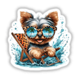 Peeking Yorkie Dog Sitting in Beach Chair II: Illustration of a Yorkshire Terrier on a beach chair, wearing sunglasses with palm tree reflections. Available as a sticker or digital artwork.