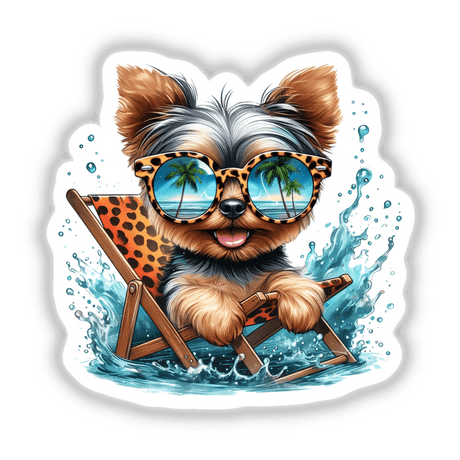 Peeking Yorkie Dog Sitting in Beach Chair II: Illustration of a Yorkshire Terrier on a beach chair, wearing sunglasses with palm tree reflections. Available as a sticker or digital artwork.