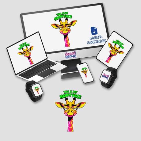 This Is My Happy Face Cute Grumpy Giraffe displayed on a computer monitor and laptop, showcasing its playful cartoon design, available as stickers or digital artwork from Decal Venue.