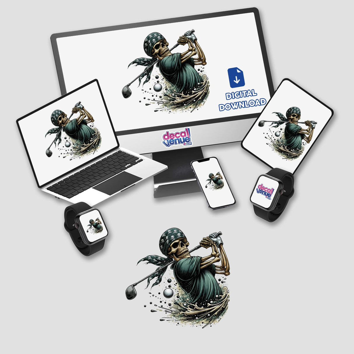 Bandana Skeleton Swinging Golf Club II shown on a computer monitor and laptop screen, featuring a cartoon skeleton playing golf, available as unique stickers or digital artwork from Decal Venue.