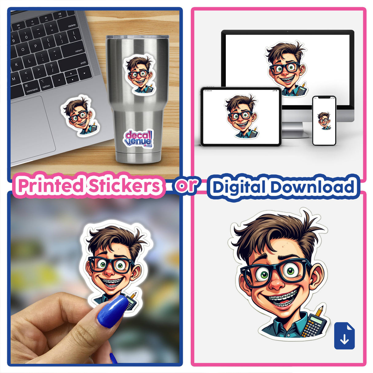 Collage showing a laptop with a Nerd Celular sticker of a cartoon boy with glasses and braces, and a hand holding another Nerd Celular sticker.