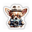 Chihuahua Clipart with Camera - Stickers or Commercial Use Download: Illustration of a Chihuahua holding a camera, available as unique stickers or digital artwork from Decal Venue.