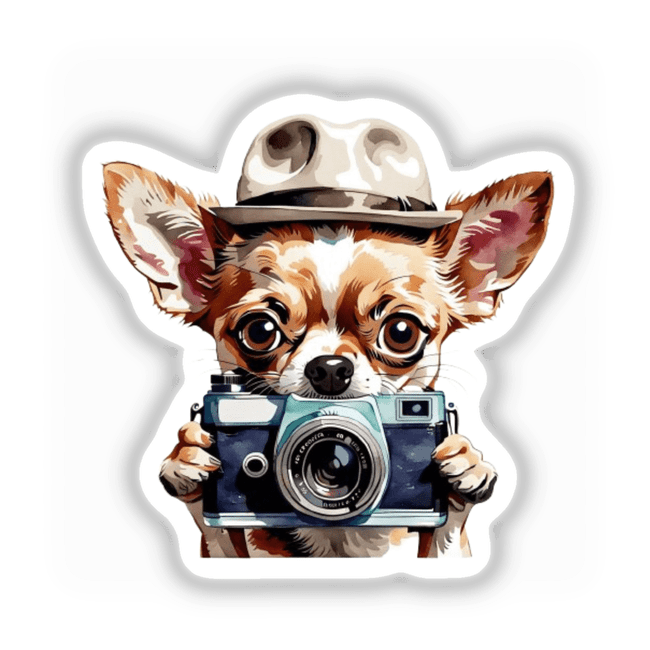 Chihuahua Clipart with Camera - Stickers or Commercial Use Download: Illustration of a Chihuahua holding a camera, available as unique stickers or digital artwork from Decal Venue.