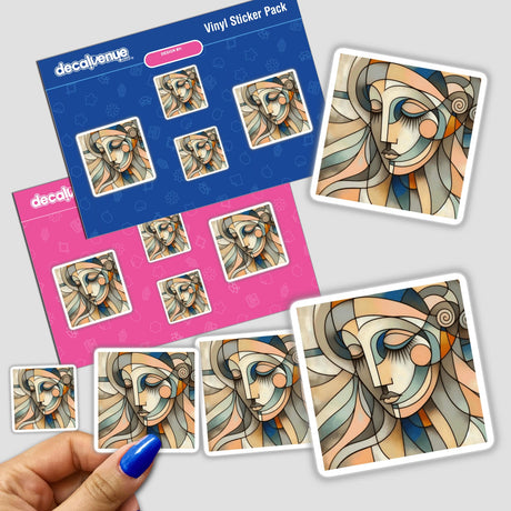 Reflection stickers featuring various close-up illustrations of a woman's face and artistic elements. Available as both physical stickers and digital artwork.