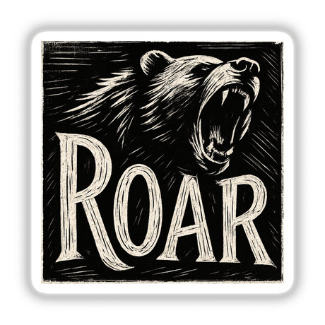 Roar Woodcut Typography Sticker or Clipart features a motivational bear design, perfect for stickers or digital artwork, embodying dynamic typography and artistic flair, ideal for creative projects with commercial rights.
