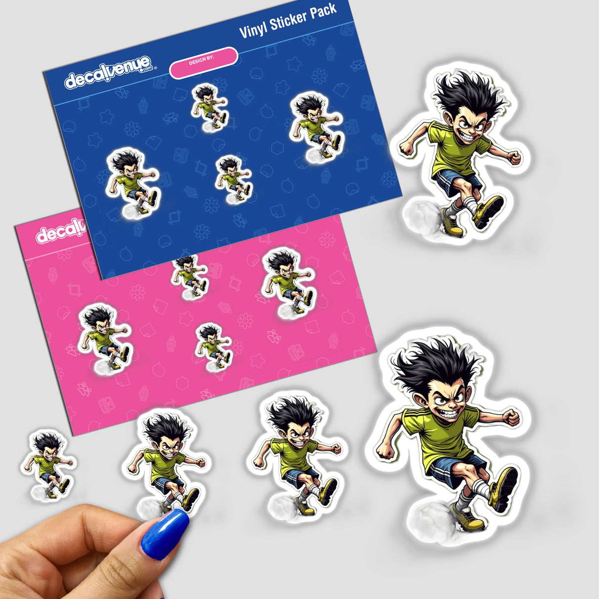 Corredor Sagaz sticker pack featuring animated characters running, smiling, and playing football, perfect for decorating notebooks or digital artwork.