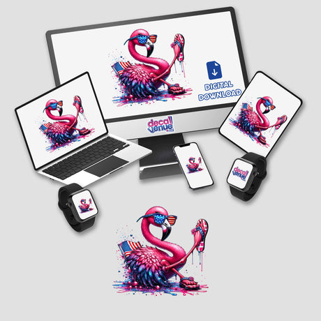 American Flamingo Dripping in Glitter: A playful cartoon of a flamingo adorned with sunglasses and flip flops, available as stickers or digital artwork from Decal Venue.