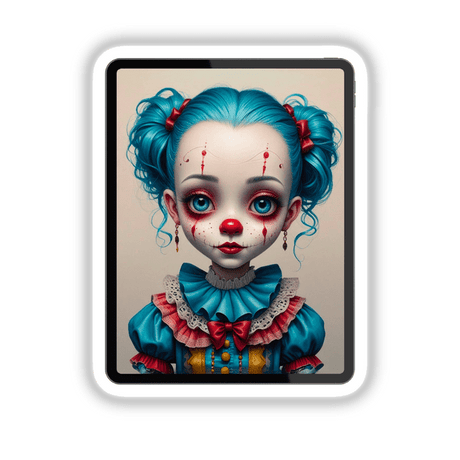 Blue Sweet Clown sticker featuring a doll-faced clown with blue hair, teal eyes, and red makeup, styled in vintage ruffles, embodying dark whimsy and high-fashion circus aesthetics.